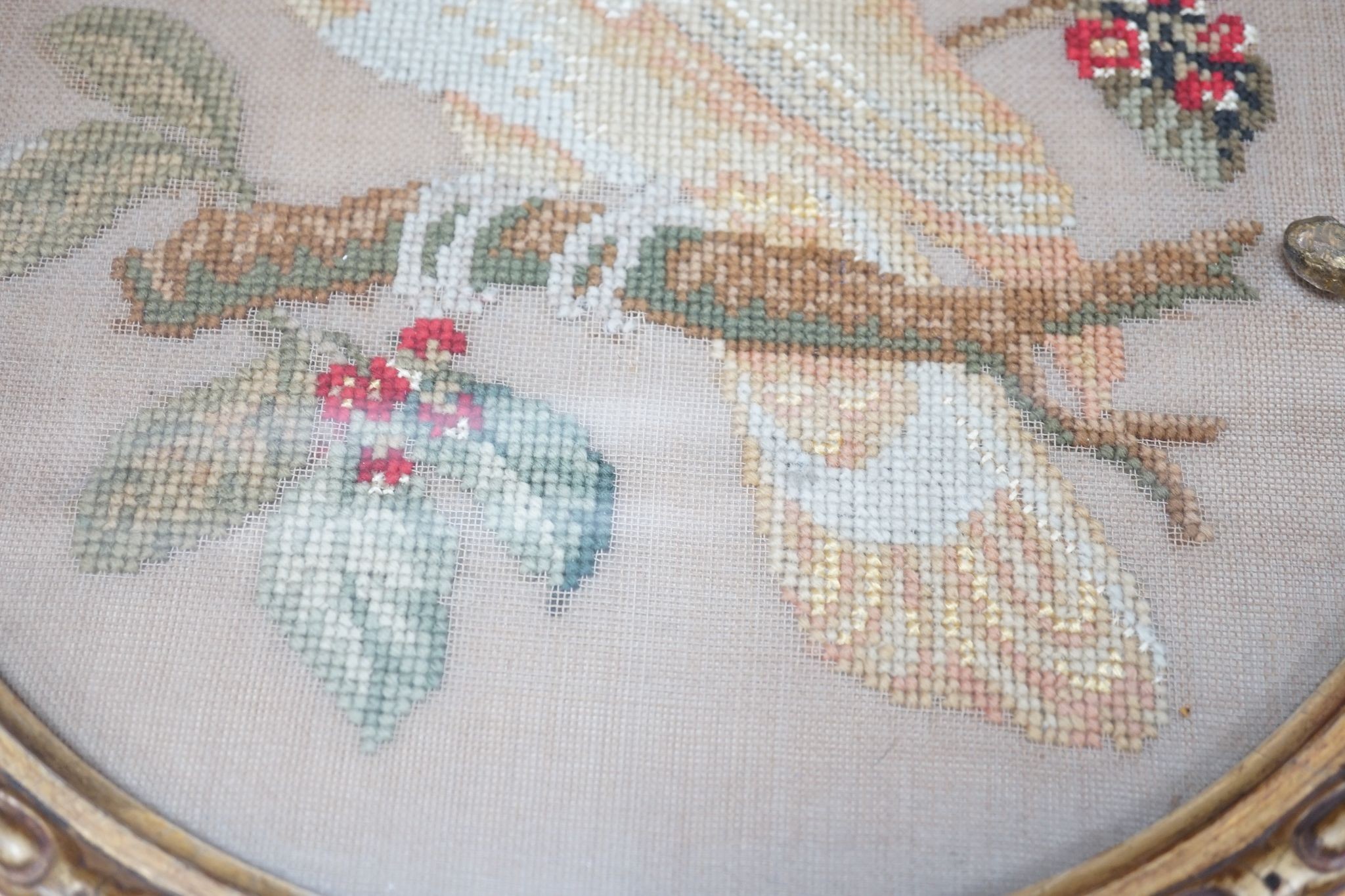 A pair of 19th century giltwood framed circular needleworks of parrots, 26cm diameter excl frame